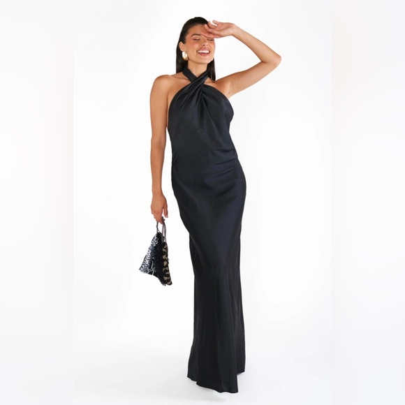 Show Me Your MuMu Maxi Dress Women's Size Large Black Satin Jasmine Halter - Picture 4 of 14